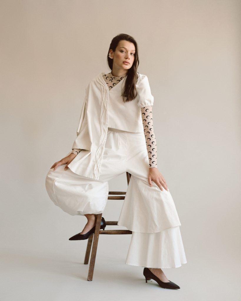 model sitting on stool, fashion, marinne serre, Makeup Artist Melfinna Tjugito