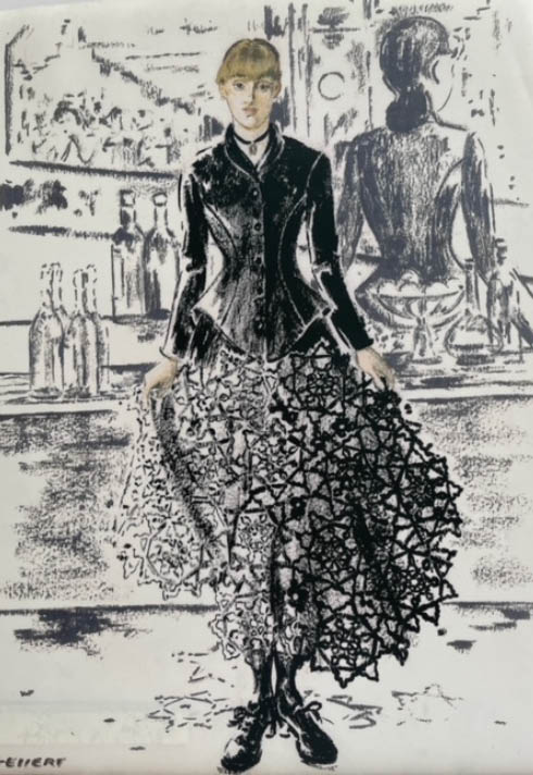 water colour illustration of a woman in a fitted blazer and long, voluminous skirt