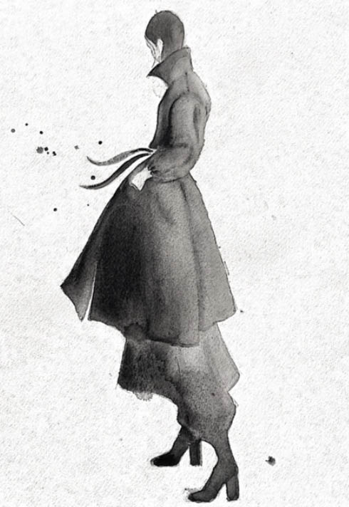 watercolour drawing of a fashionable woman, facing away, by Blanche Macdonald Instructor Lisa Gellert