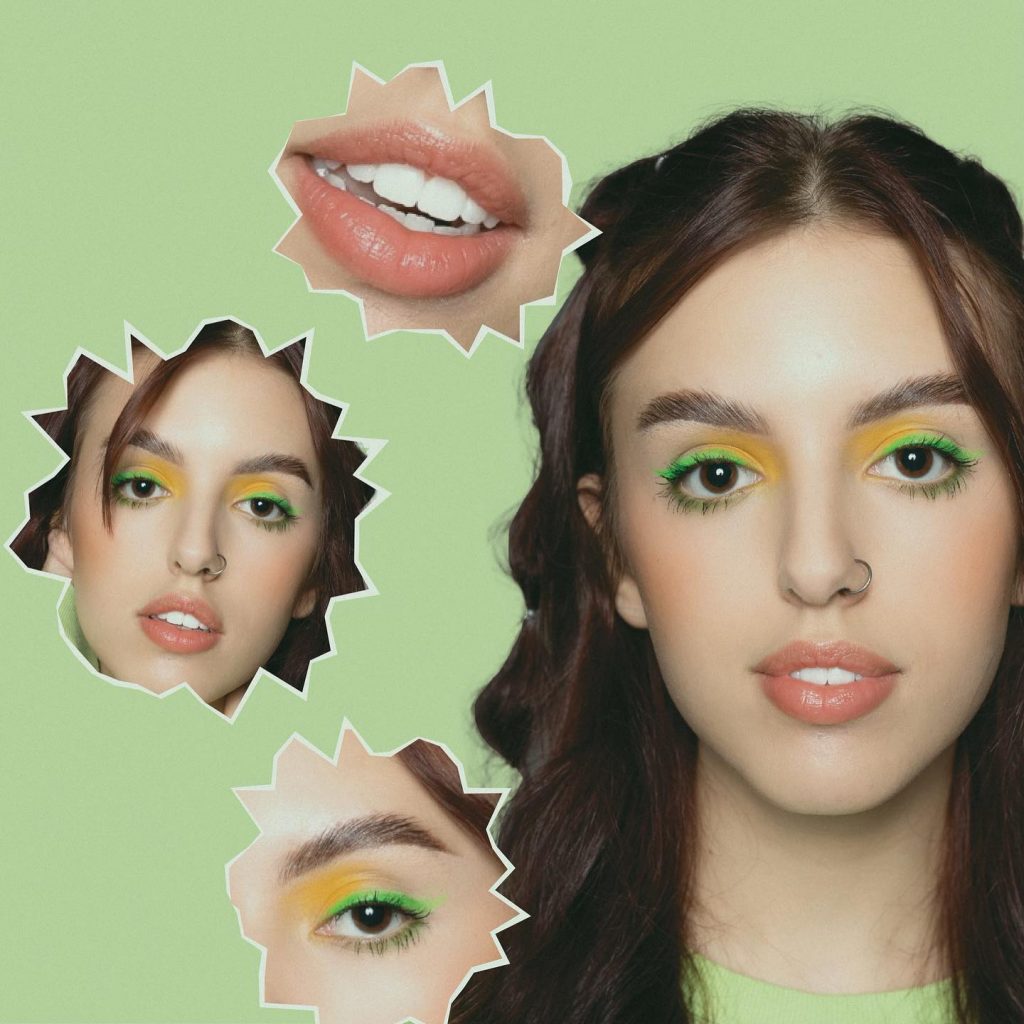 natural makeup with bold green and yellow eye, glossed lips on lime green background by Blanche Macdonald Graduate Robby De Mesa