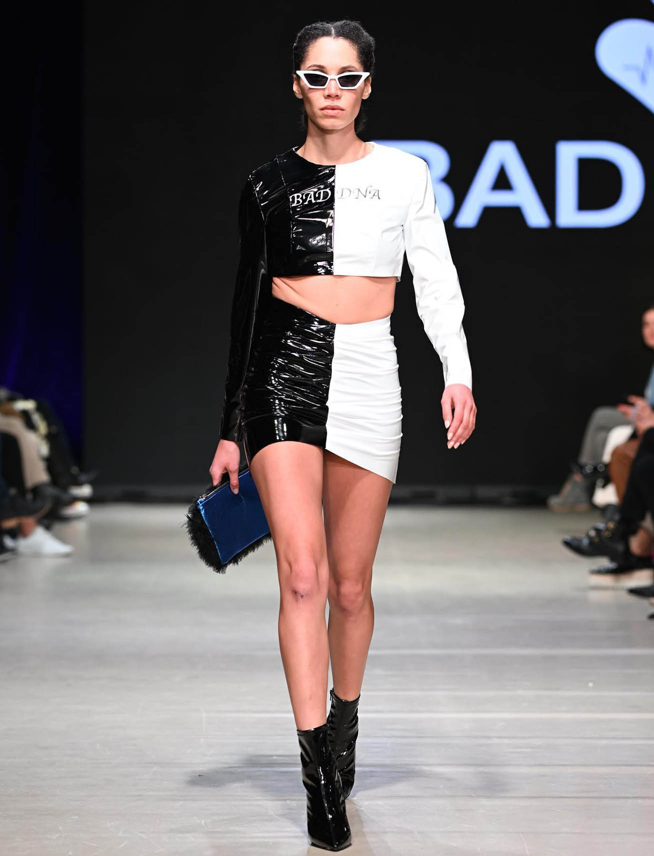 Runway look, black and white latex crop top and skirt, BAD DNA