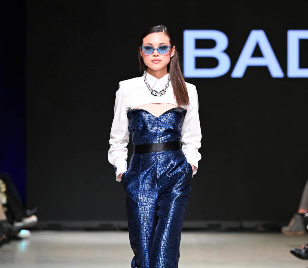 blue crocodile jumpsuit designed by blanche macdonald graduate Laila Aouinati on VFW model