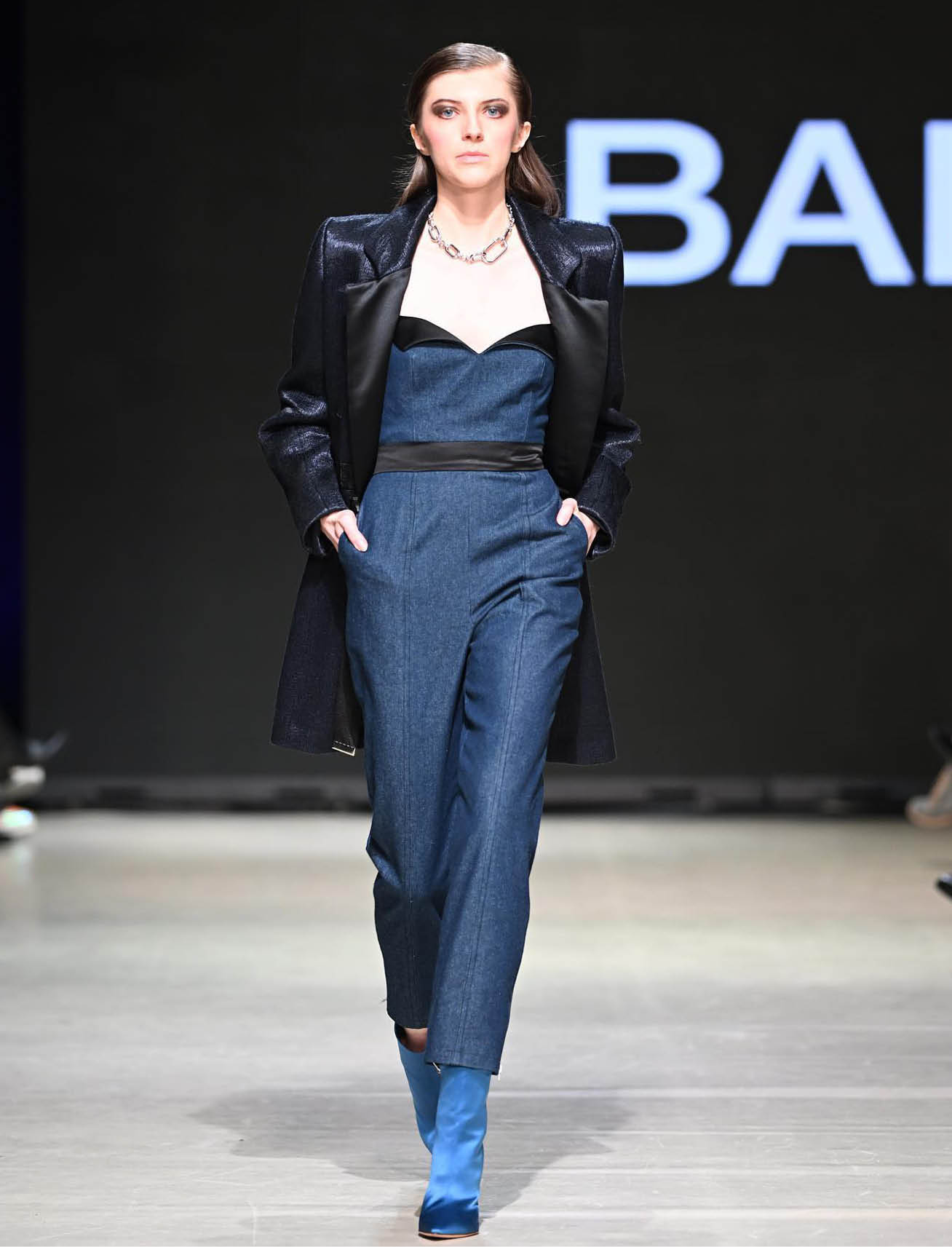 Blue denim jumpsuit on VFW runway, Laila Aounati's BAD DNA