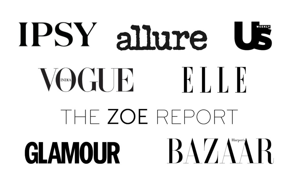 List of logs, including IPSY, allure, US Magazine, Vogue, Elle, The Zoe Report, Glamour, and Harper's Bazaar