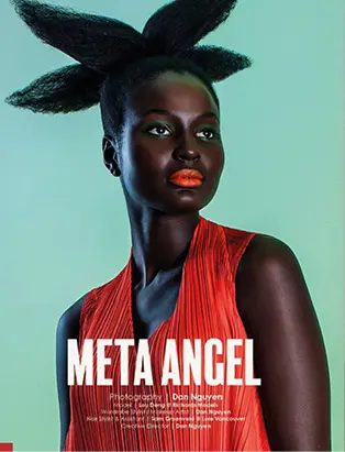 black model with orange lipstick, and sleeveless dress, a 4-way split afro hairstyle, created by runway hairstylist Sam Groeneveld