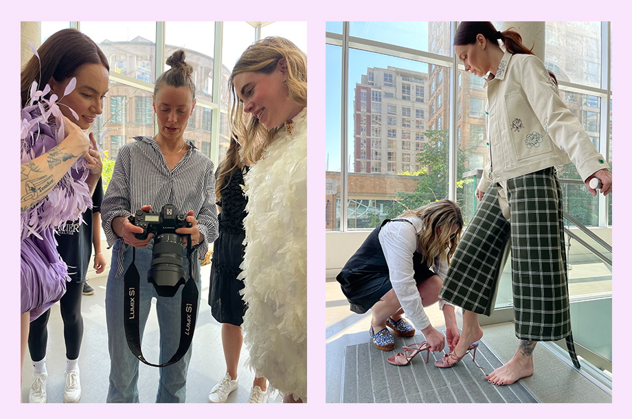 left: cameraman showing images to fashion marketing students 
right: a fashion marketing student helping model to put on heel