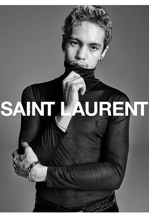 Dominic Fike with Saint Laurent FW22 campaign in black and white.