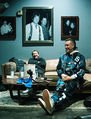 Comedian Joey Avery wearing 1 of 1 San Jose Sharks Jumbo Joe rework tracksuit at the San Jose Improv