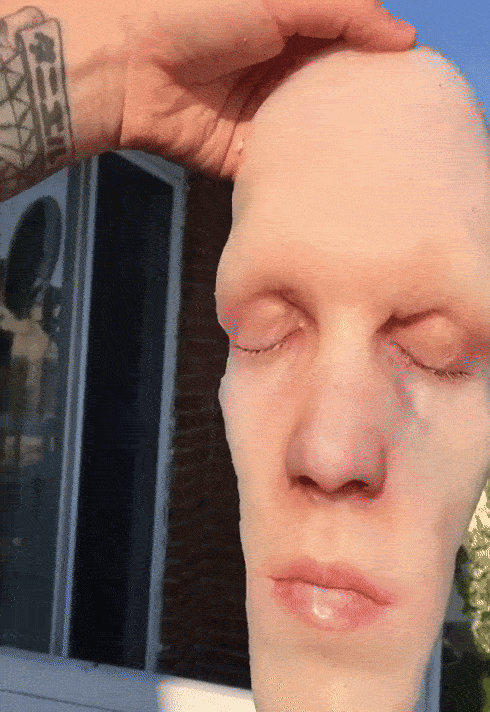 A prosthetic face with light makeup.