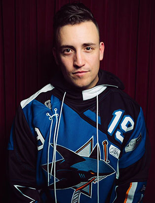 Comedian Joey Avery wearing 1 of 1 San Jose Sharks Jumbo Joe rework tracksuit