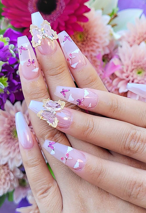 ombre pink nail designs with 3D butterflies by nail tech Hailey Bornais