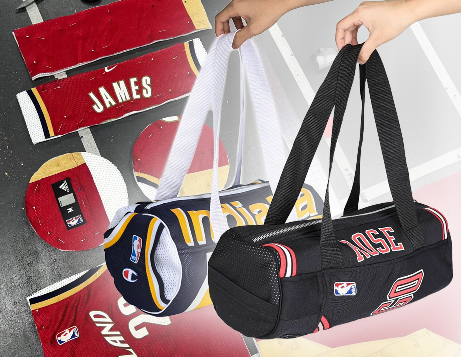 Tyson Gibson's Upcycling Fashion gym bag from reconstructing sports jerseys 