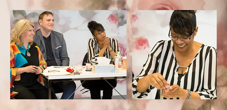 Angie Barnetson judging esthetics products at Lions Den class