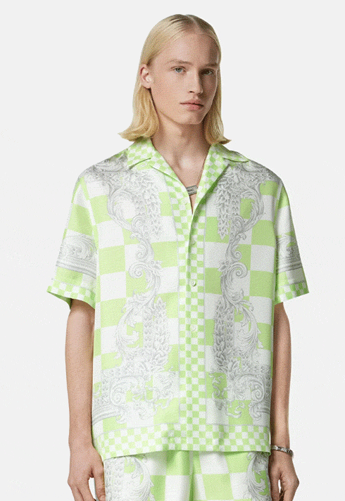 A Versace Men's Runway light green medusa contrasto silk shirt wore by a blond hair male model.