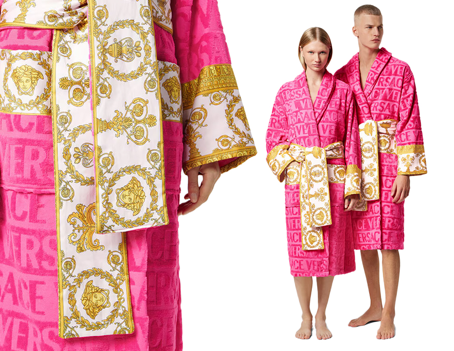 Classic pink Versace i ♡ baroque bathrobe with Versace Allover logo print.